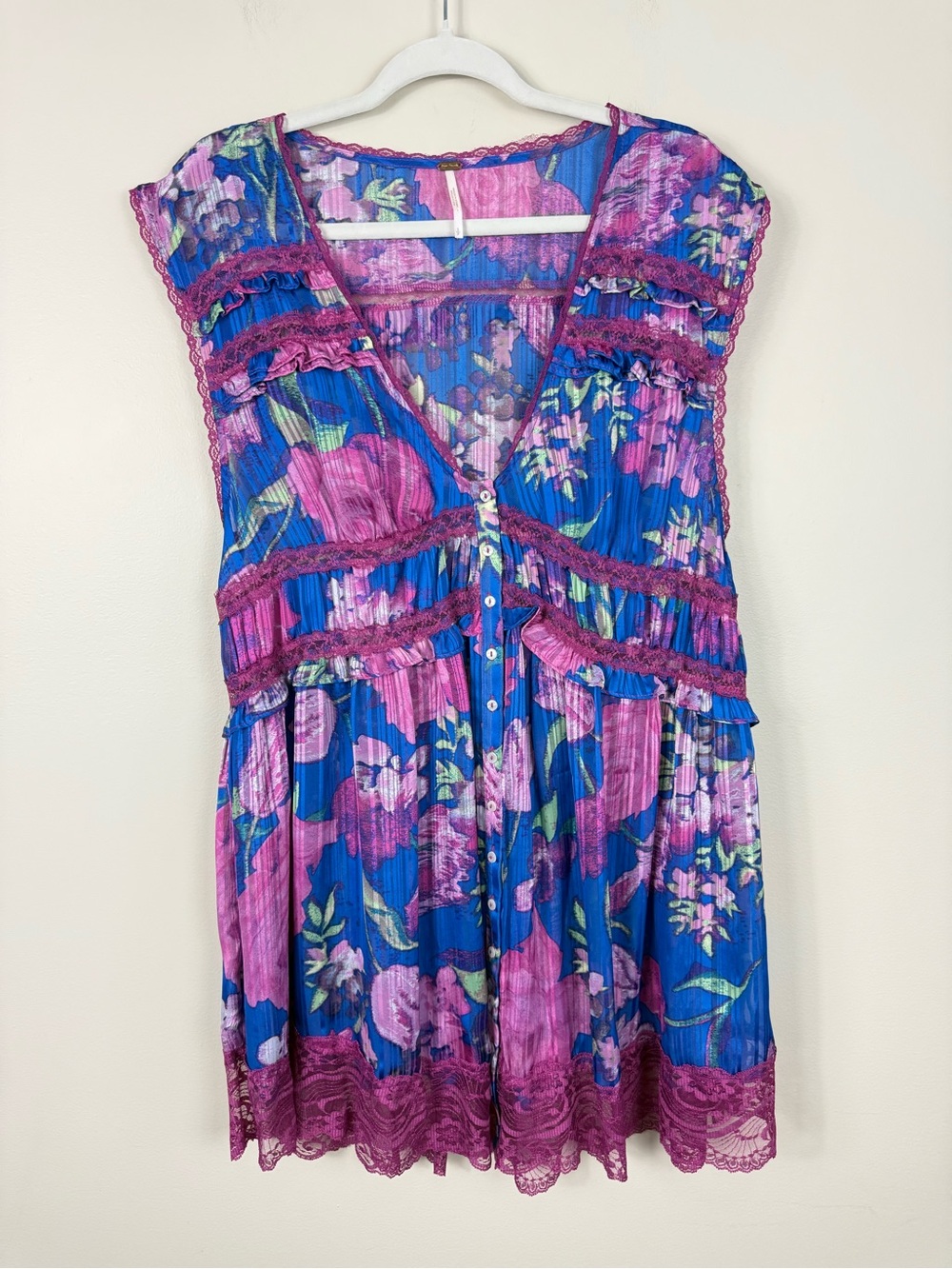 Free People Spring Fling Mini Dress Womens Small Lace Floral Ruffle Boho Purple